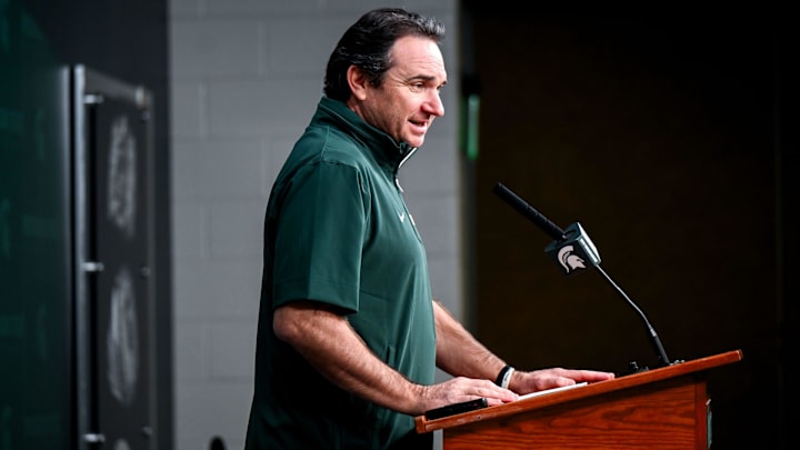 Michigan State coach Jonathan Smith talks the media on the first national signing day for college football recruits Wednesday, Dec. 4, 2024, at Spartan Stadium in East Lansing. Michigan State coach Jonathan Smith talks the media on the first national signing day for college football recruits Wednesday, Dec. 4, 2024, at Spartan Stadium in East Lansing.
