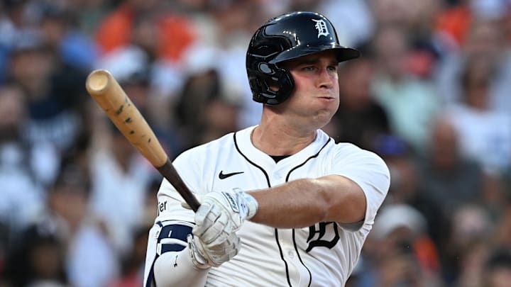 Jun 29, 2025; Detroit, Michigan, USA; Detroit Tigers right fielder Kerry Carpenter (30) hits an RBI triple against the Minnesota Twins in the fifth inning at Comerica Park.