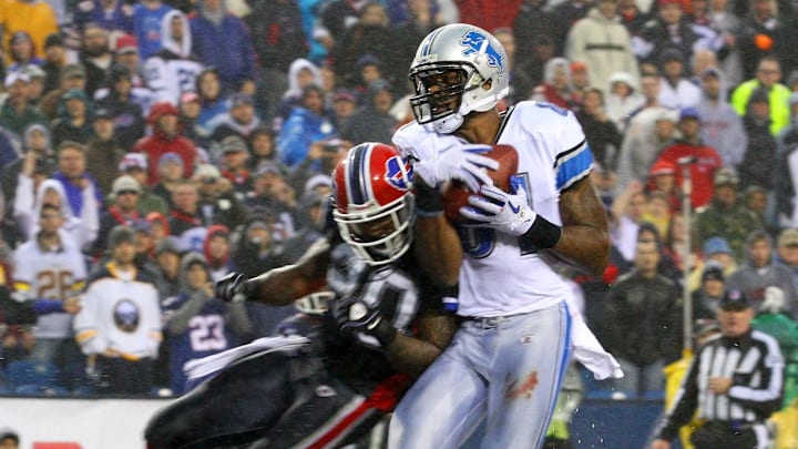 Nov. 14, 2010; Orchard Park, NY, USA;    Detroit Lions wide receiver Calvin Johnson (81) scores a second half touchdown against the Buffalo Bills at Ralph Wilson Stadium.