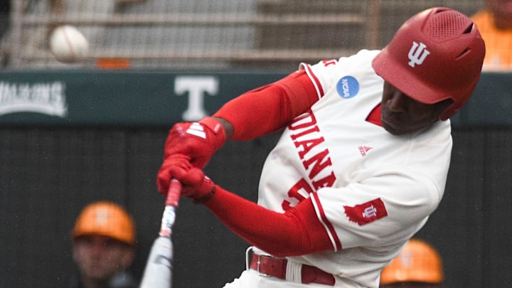 Indiana baseball outfielder Devin Taylor hits a home run during a NCAA Baseball Tournament Knoxville Regional game at Lindsey Nelson Stadium on Saturday, June 1, 2024 in Knoxville, Tenn.
