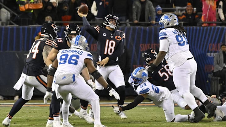 Caleb Williams gets off a deep ball against the Detroit Lions in a 2025,  Week 18 loss.