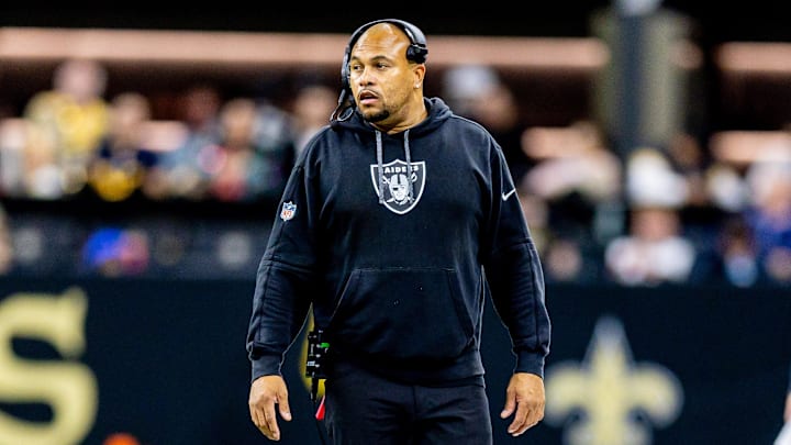 Dec 29, 2024; New Orleans, Louisiana, USA; Las Vegas Raiders head coach Antonio Pierce looks on against the New Orleans Saints during the second half at Caesars Superdome. Mandatory Credit: Stephen Lew-Imagn Images Dec 29, 2024; New Orleans, Louisiana, USA; Las Vegas Raiders head coach Antonio Pierce looks on against the New Orleans Saints during the second half at Caesars Superdome. Mandatory Credit: Stephen Lew-Imagn Images
