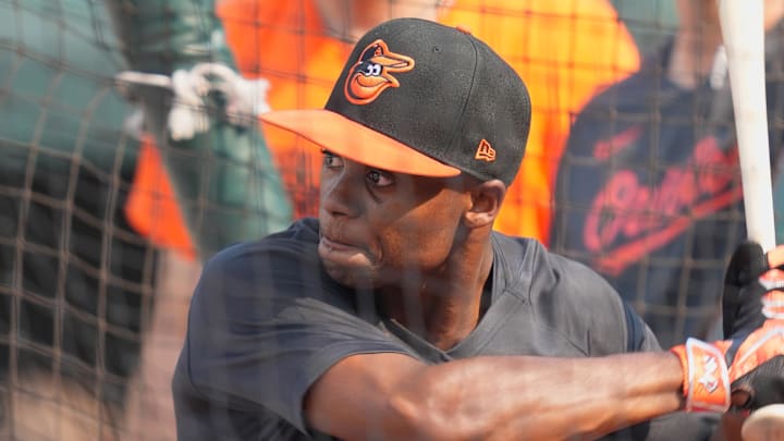 Jul 18, 2023; Baltimore, Maryland, USA; Baltimore Orioles first round draft pick Enrique Bradfield Jr. takes batting practice prior to the game against the Los Angeles Dodgers at Oriole Park at Camden Yards. 