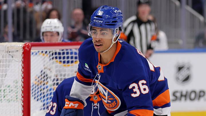 Jan 24, 2026; Elmont, New York, USA; New York Islanders defenseman Isaiah George (36) skates against the Buffalo Sabres during the first period at UBS Arena. Mandatory Credit: Brad Penner-Imagn Images