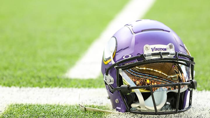 Oct 20, 2024; Minneapolis, Minnesota, USA; A detailed view of Minnesota Vikings wide receiver Justin Jefferson's (18) helmet before the game against the Detroit Lions at U.S. Bank Stadium. Mandatory Credit: Matt Krohn-Imagn Images