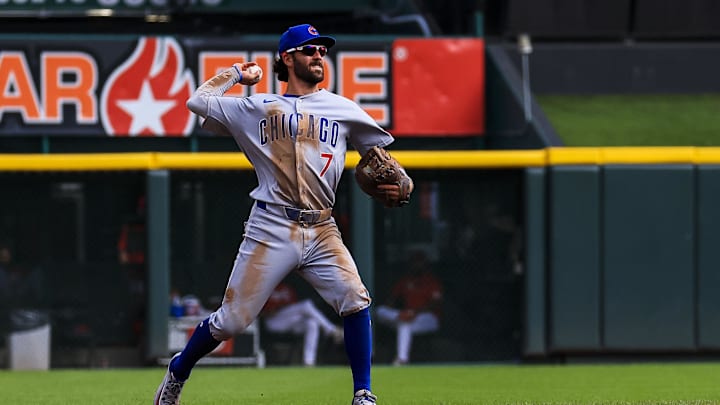 Sep 21, 2025; Cincinnati, Ohio, USA; Chicago Cubs shortstop Dansby Swanson (7) throws to first to get Cincinnati Reds first baseman Spencer Steer (not pictured) out in the fourth inning at Great American Ball Park. Mandatory Credit: Katie Stratman-Imagn Images Sep 21, 2025; Cincinnati, Ohio, USA; Chicago Cubs shortstop Dansby Swanson (7) throws to first to get Cincinnati Reds first baseman Spencer Steer (not pictured) out in the fourth inning at Great American Ball Park. Mandatory Credit: Katie Stratman-Imagn Images