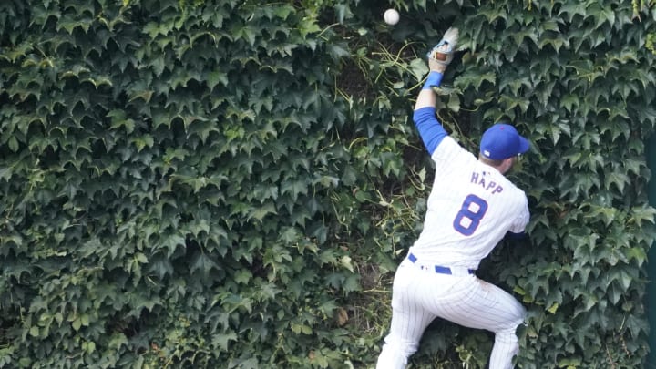 Aug 3, 2024; Chicago, Illinois, USA; Chicago Cubs outfielder Ian Happ can’t catch a triple. Aug 3, 2024; Chicago, Illinois, USA; Chicago Cubs outfielder Ian Happ can’t catch a triple.