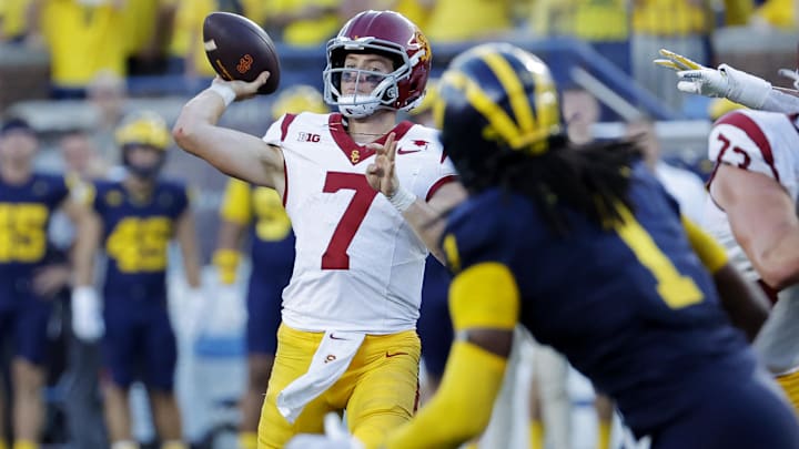 Sep 21, 2024; Ann Arbor, Michigan, USA;  USC Trojans quarterback Miller Moss (7) passes in the second half against the Michigan Wolverines at Michigan Stadium. Mandatory Credit: Rick Osentoski-Imagn Images