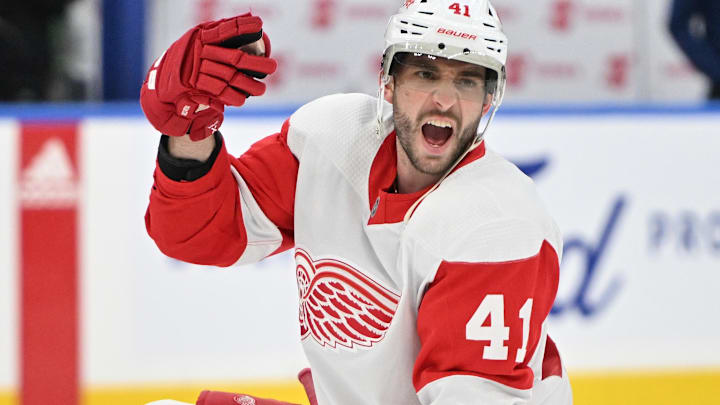Jan 14, 2024; Toronto, Ontario, CAN;  Detroit Red Wings defenseman Shayne Gostisbehere (41) speaks