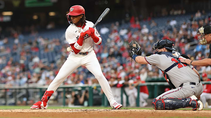 May 20, 2025; Washington, District of Columbia, USA; Washington Nationals shortstop CJ Abrams (5) is hit by a pitch against the Atlanta Braves during the second inning at Nationals Park. Mandatory Credit: Geoff Burke-Imagn Images