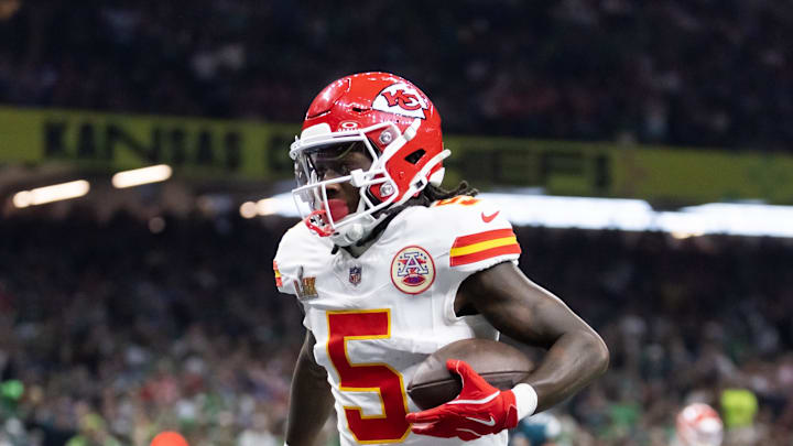 Feb 9, 2025; New Orleans, LA, USA; Kansas City Chiefs wide receiver Marquise Brown (5) against the Philadelphia Eagles in Super Bowl LIX at Ceasars Superdome. Mandatory Credit: Mark J. Rebilas-Imagn Images Feb 9, 2025; New Orleans, LA, USA; Kansas City Chiefs wide receiver Marquise Brown (5) against the Philadelphia Eagles in Super Bowl LIX at Ceasars Superdome. Mandatory Credit: Mark J. Rebilas-Imagn Images