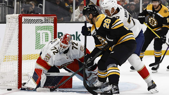 Oct 14, 2024; Boston, Massachusetts, USA; Florida Panthers defenseman Niko Mikkola (77) holds back Boston Bruins center Elias Lindholm (28) from getting to a loose puck at the side of the net of Florida Panthers goaltender Sergei Bobrovsky (72) during the second period at TD Garden. Mandatory Credit: Winslow Townson-Imagn Images