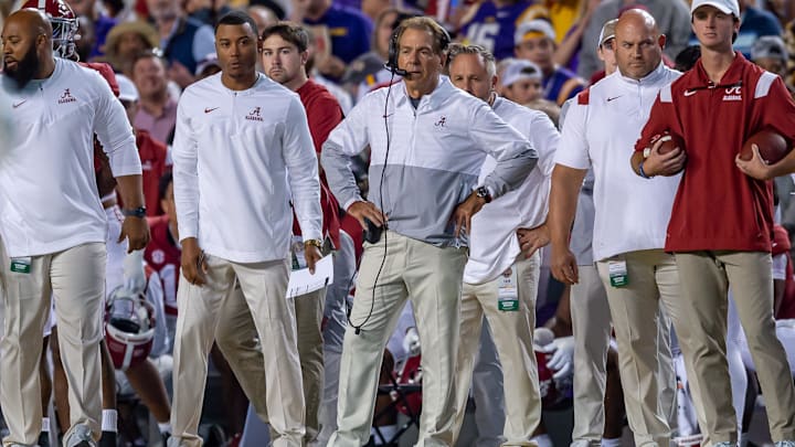 Alabama head coach Nick Saban on the sideline as the LSU Tigers take down Alabama 32-31 at Tiger Stadium in Baton Rouge, Louisiana,Saturday, Nov. 5, 2022.

Lsu Vs Alabama Football 2 1830