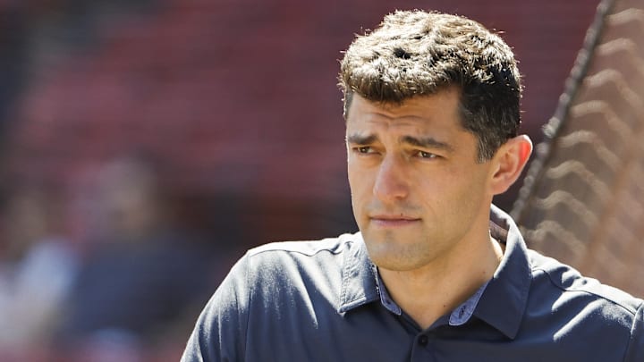 Aug 28, 2022; Boston, Massachusetts, USA; Chaim Bloom, Chief Baseball Officer of the Boston Red Sox on the field before the game between the Boston Red Sox and the Tampa Bay Rays at Fenway Park. Mandatory Credit: Winslow Townson-Imagn Images