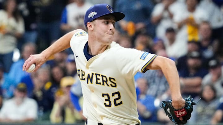 Oct 6, 2025; Milwaukee, Wisconsin, USA; Milwaukee Brewers pitcher Jacob Misiorowski (32) pitches during the third inning against the Chicago Cubs during game two of the NLDS round for the 2025 MLB playoffs at American Family Field. Mandatory Credit: Michael McLoone-Imagn Images