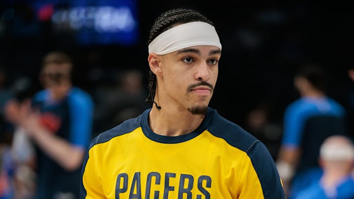 Indiana Pacers guard Andrew Nembhard (2) before game against the Oklahoma City Thunder. Indiana Pacers guard Andrew Nembhard (2) before game against the Oklahoma City Thunder.