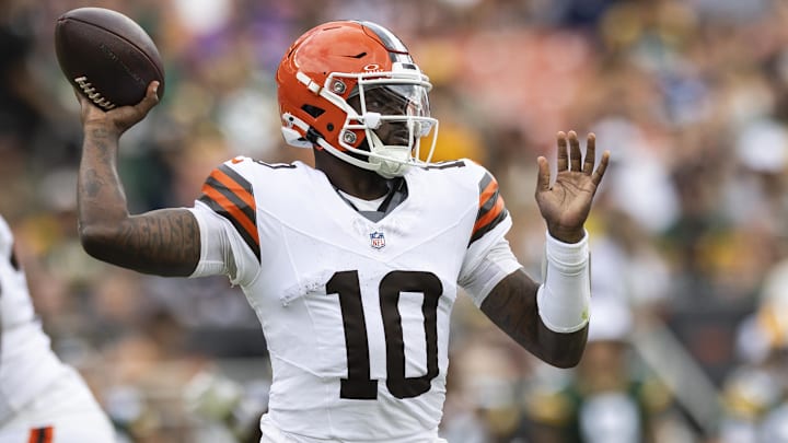Aug 10, 2024; Cleveland, Ohio, USA; Cleveland Browns quarterback Tyler Huntley (10) throws the ball against the Green Bay Packers during the second quarter at Cleveland Browns Stadium. Mandatory Credit: Scott Galvin-Imagn Images