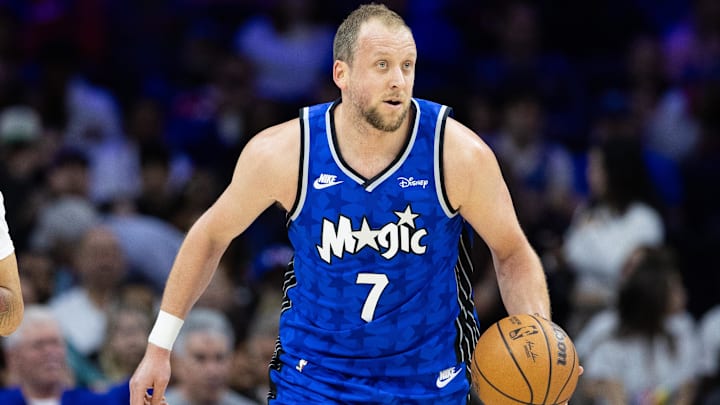 Apr 12, 2024; Philadelphia, Pennsylvania, USA; Orlando Magic guard Joe Ingles (7) dribbles the ball against the Philadelphia 76ers during the second quarter at Wells Fargo Center. 