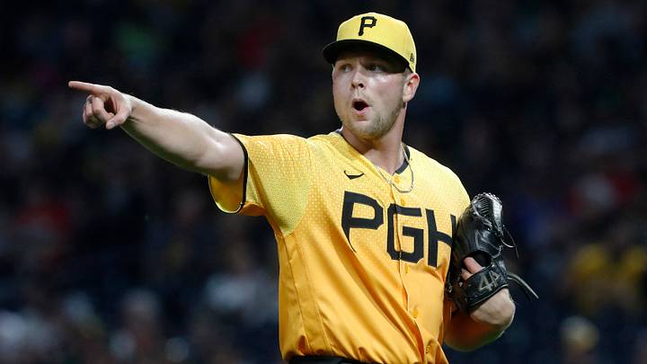Sep 29, 2023; Pittsburgh, Pennsylvania, USA; Pittsburgh Pirates starting pitcher Hunter Stratton (63) reacts after the Pirates secured the final out of the fourth inning against the Miami Marlins at PNC Park. Mandatory Credit: Charles LeClaire-USA TODAY Sports Sep 29, 2023; Pittsburgh, Pennsylvania, USA; Pittsburgh Pirates starting pitcher Hunter Stratton (63) reacts after the Pirates secured the final out of the fourth inning against the Miami Marlins at PNC Park. Mandatory Credit: Charles LeClaire-USA TODAY Sports
