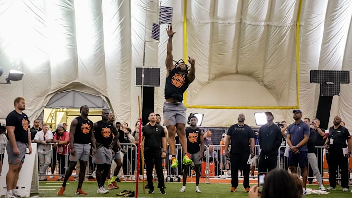 Texas Longhorns star running back Jaydon Blue participates in the vertical jump during Texas' Pro Day. Texas Longhorns star running back Jaydon Blue participates in the vertical jump during Texas' Pro Day.
