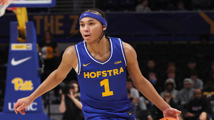 Dec 7, 2025; Pittsburgh, Pennsylvania, USA; Hofstra Pride guard Preston Edmead (1) handles the ball against the Pittsburgh Panthers during the second half at the Petersen Events Center. Mandatory Credit: Charles LeClaire-Imagn Images