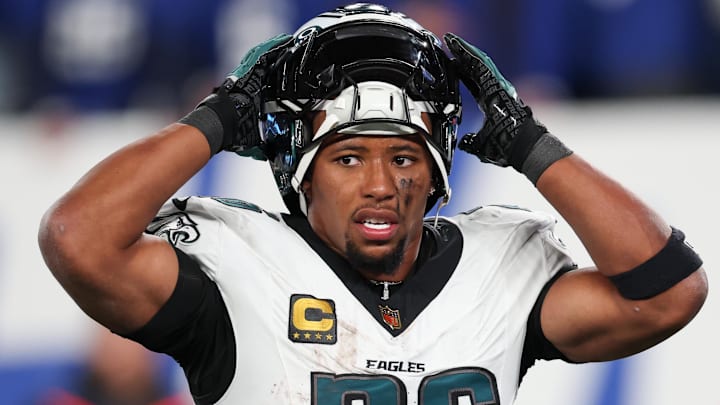 Oct 9, 2025; East Rutherford, New Jersey, USA; Philadelphia Eagles running back Saquon Barkley (26) looks on during the second quarter of the game against the New York Giants at MetLife Stadium.