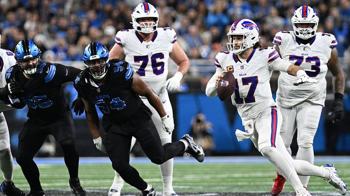 Dec 15, 2024; Detroit, Michigan, USA; Buffalo Bills quarterback Josh Allen (17) scrambles for a first down against the Detroit Lions in the first quarter at Ford Field. Mandatory Credit: Lon Horwedel-Imagn Images Dec 15, 2024; Detroit, Michigan, USA; Buffalo Bills quarterback Josh Allen (17) scrambles for a first down against the Detroit Lions in the first quarter at Ford Field. Mandatory Credit: Lon Horwedel-Imagn Images