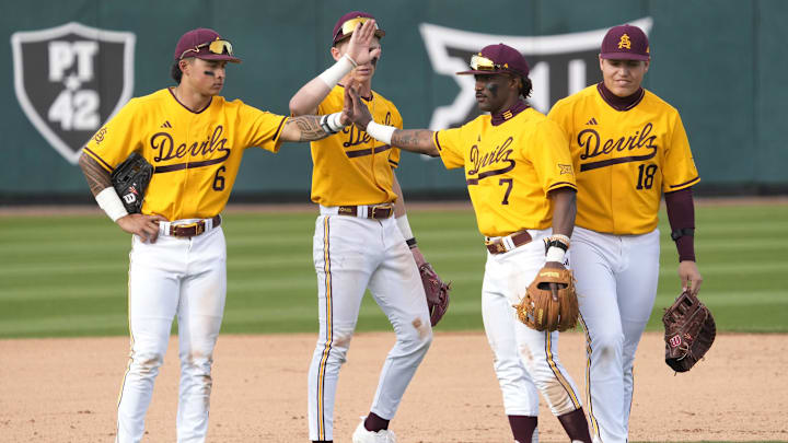 Arizona State players break during a pitching change against Ohio State at Phoenix Municipal Stadium on Sunday, Feb. 16, 2025.
