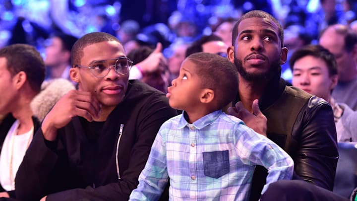 Feb 14, 2015; New York, NY, USA; Oklahoma City Thunder guard Russell Westbrook (left) and Los Angeles Clippers guard Chris Paul (right) during the 2015 NBA All Star Three Point Contest competition at Barclays Center. Mandatory Credit: Bob Donnan-Imagn Images Feb 14, 2015; New York, NY, USA; Oklahoma City Thunder guard Russell Westbrook (left) and Los Angeles Clippers guard Chris Paul (right) during the 2015 NBA All Star Three Point Contest competition at Barclays Center. Mandatory Credit: Bob Donnan-Imagn Images