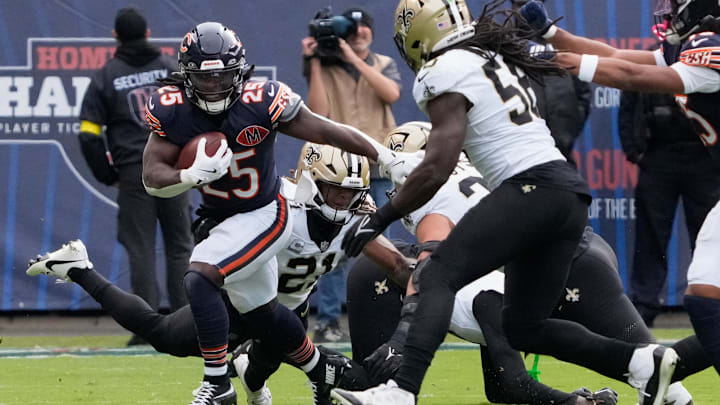 Bears running back Kyle Monangai rips through the Saints defense in the second half Sunday during a 26-14 win.
