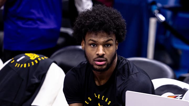 Nov 16, 2024; New Orleans, Louisiana, USA; Los Angeles Lakers guard Bronny James (9) during warmups before the game against the New Orleans Pelicans at Smoothie King Center. Mandatory Credit: Stephen Lew-Imagn Images Nov 16, 2024; New Orleans, Louisiana, USA; Los Angeles Lakers guard Bronny James (9) during warmups before the game against the New Orleans Pelicans at Smoothie King Center. Mandatory Credit: Stephen Lew-Imagn Images