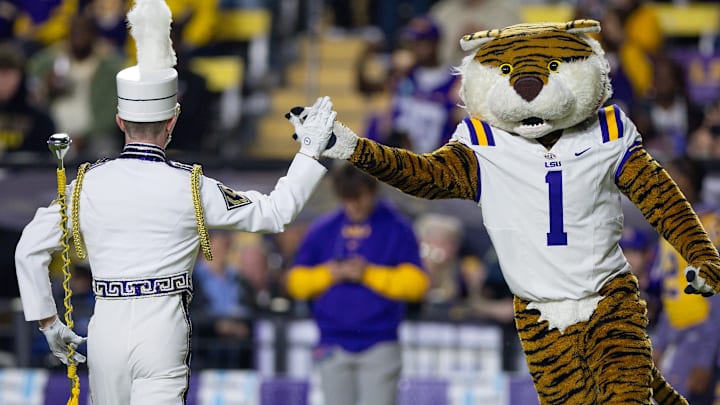 Nov 23, 2024; Baton Rouge, Louisiana, USA;  LSU Tigers mascot Mike the Tiger against the Vanderbilt Commodores during the first half at Tiger Stadium. Mandatory Credit: Stephen Lew-Imagn Images