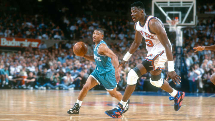 Muggsy Bogues and Patrick Ewing during a Hornets vs. Knicks game in the early 1990s.