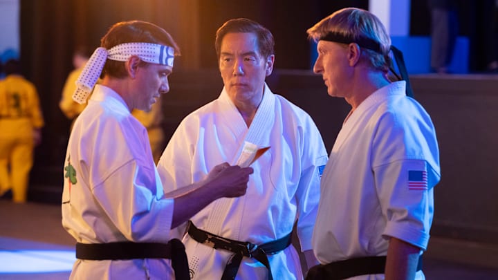 Cobra Kai. (L to R) Ralph Macchio as Daniel LaRusso, Yuji Okumoto as Chozen, William Zabka as Johnny Lawrence in Cobra Kai