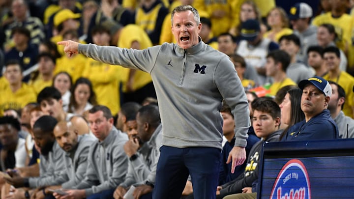 Nov 3, 2025; Ann Arbor, Michigan, USA; Michigan Wolverines head coach Dusty May yells during the first half against the Oakland Golden Grizzlies at Crisler Center. Mandatory Credit: Lon Horwedel-Imagn Images Nov 3, 2025; Ann Arbor, Michigan, USA; Michigan Wolverines head coach Dusty May yells during the first half against the Oakland Golden Grizzlies at Crisler Center. Mandatory Credit: Lon Horwedel-Imagn Images