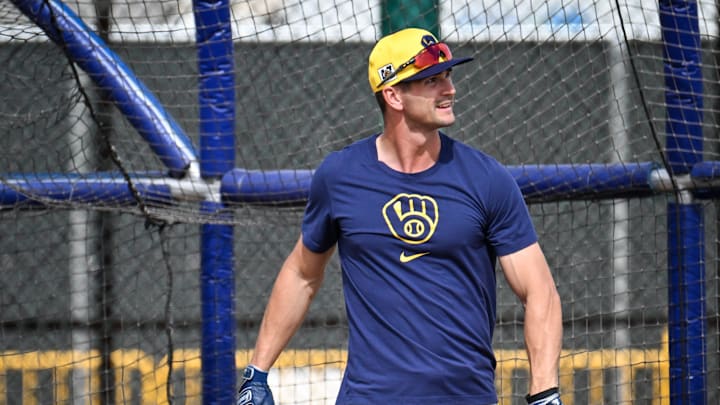 Milwaukee Brewers outfielder Jared Oliva walks to the batting cage during spring training workouts Monday, February 17, 2025, at American Family Fields of Phoenix in Phoenix, Arizona.