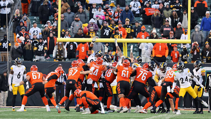 Dec 1, 2024; Cincinnati, Ohio, USA; Cincinnati Bengals place kicker Evan McPherson (2) kicks a field goal during the fourth quarter against the Pittsburgh Steelers at Paycor Stadium. Mandatory Credit: Joseph Maiorana-Imagn Images Dec 1, 2024; Cincinnati, Ohio, USA; Cincinnati Bengals place kicker Evan McPherson (2) kicks a field goal during the fourth quarter against the Pittsburgh Steelers at Paycor Stadium. Mandatory Credit: Joseph Maiorana-Imagn Images