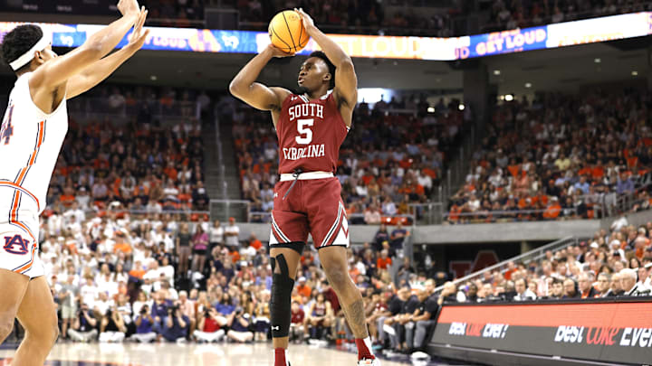 Mar 5, 2022; Auburn, Alabama, USA; South Carolina Gamecocks guard Jermaine Couisnard (5) shoots against the Auburn Tigers during the first half at Neville Arena. Mandatory Credit: John Reed-USA TODAY Sports Mar 5, 2022; Auburn, Alabama, USA; South Carolina Gamecocks guard Jermaine Couisnard (5) shoots against the Auburn Tigers during the first half at Neville Arena. Mandatory Credit: John Reed-USA TODAY Sports