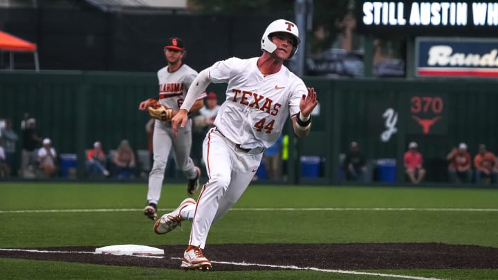 Texas Longhorns outfielder Max Belyeu (44) rounds third base after a hit team mate's hit during the game against Oklahoma State at UFCU Disch–Falk Field on Friday, May. 3, 2024 in Austin.