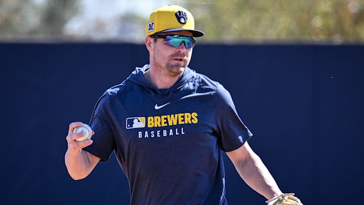 Milwaukee Brewers infielder Tyler Black looks to throw during spring training workouts Saturday, February 15, 2025, at the American Family Fields of Phoenix in Phoenix, Arizona.