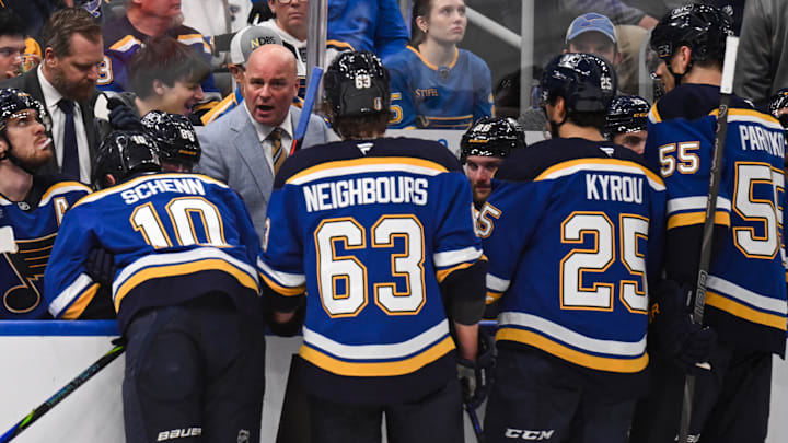 May 2, 2025; St. Louis, Missouri, USA; St. Louis Blues head coach Jim Montgomery speaks with members of the St. Louis Blues during a timeout in game six of the first round of the 2025 Stanley Cup Playoffs against the Winnipeg Jets at Enterprise Center. Mandatory Credit: Connor Hamilton-Imagn Images