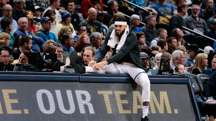 Feb 3, 2018; Denver, CO, USA; Golden State Warriors center JaVale McGee (1) stretches on the Feb 3, 2018; Denver, CO, USA; Golden State Warriors center JaVale McGee (1) stretches on the