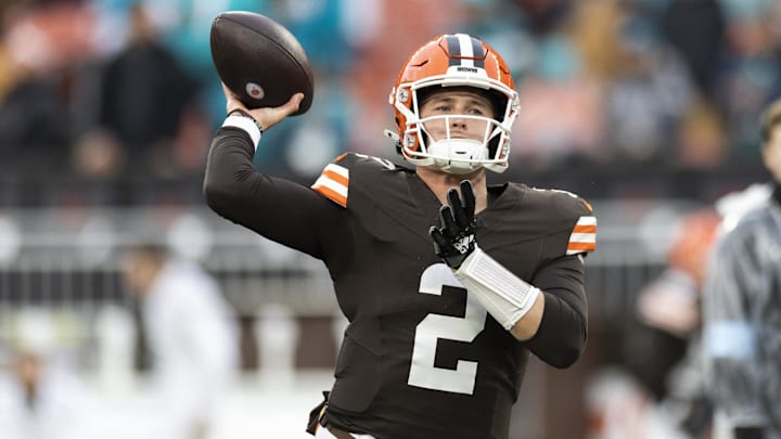 Dec 29, 2024; Cleveland, Ohio, USA; Cleveland Browns quarterback Bailey Zappe (2) throws the ball during warm ups before the game against the Miami Dolphins at Huntington Bank Field. Mandatory Credit: Scott Galvin-Imagn Images