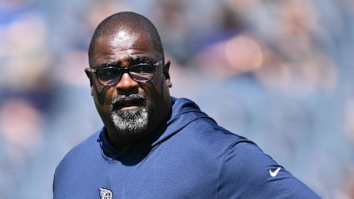 Aug 12, 2023; Chicago, Illinois, USA;  Tennessee Titans Assistant Head Coach Terrell Williams watches his team warm up before a game against the Chicago Bears at Soldier Field. Mandatory Credit: Jamie Sabau-Imagn Images