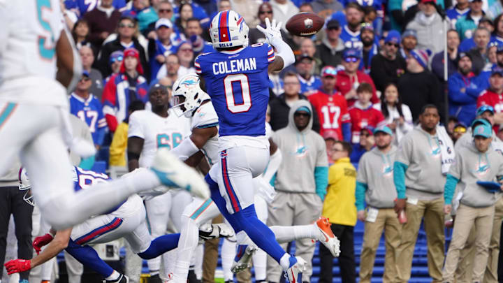Buffalo Bills wide receiver Keon Coleman makes a catch against the Miami Dolphins during the second half at Highmark Stadium.