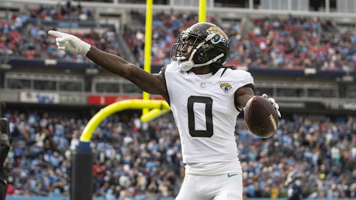 Jan 7, 2024; Nashville, Tennessee, USA; Jacksonville Jaguars wide receiver Calvin Ridley (0) reacts Jan 7, 2024; Nashville, Tennessee, USA; Jacksonville Jaguars wide receiver Calvin Ridley (0) reacts