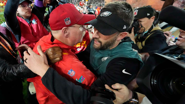 Chiefs coach Andy Reid and Eagles coach Nick Sirianni greet each other after Super Bowl LVII in 2023.