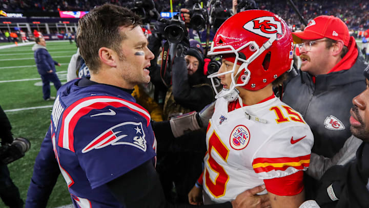 Dec 8, 2019; Foxborough, MA, USA; New England Patriots quarterback Tom Brady (12) and Kansas City Chiefs quarterback Patrick Mahomes (15) after the game at Gillette Stadium. Mandatory Credit: Paul Rutherford-Imagn Images