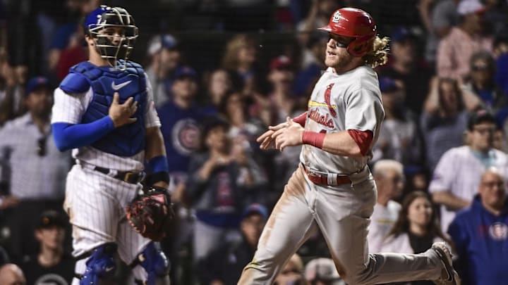 Jun 5, 2022; Chicago, Illinois, USA; St. Louis Cardinals centerfielder Harrison Bader (48) scores a run past Chicago Cubs catcher Willson Contreras (40) in the ninth inning at Wrigley Field. Mandatory Credit: Benny Sieu-Imagn Images Jun 5, 2022; Chicago, Illinois, USA; St. Louis Cardinals centerfielder Harrison Bader (48) scores a run past Chicago Cubs catcher Willson Contreras (40) in the ninth inning at Wrigley Field. Mandatory Credit: Benny Sieu-Imagn Images
