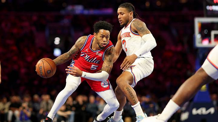 Oct 30, 2026; Philadelphia, Pennsylvania, USA; Philadelphia 76ers guard Anfernee Simons (5) drives against New York Knicks guard Miles McBride (2) during the third quarter at Xfinity Mobile Arena. Mandatory Credit: Bill Streicher-Imagn Images Oct 30, 2026; Philadelphia, Pennsylvania, USA; Philadelphia 76ers guard Anfernee Simons (5) drives against New York Knicks guard Miles McBride (2) during the third quarter at Xfinity Mobile Arena. Mandatory Credit: Bill Streicher-Imagn Images